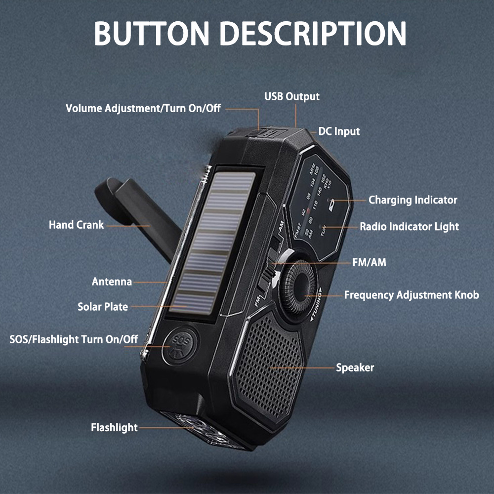 Bærbar nødradio, håndsveiv dynamo værradio am/fm-radio, solcelledrevet lommelykt powerbank, usb-telefonlader