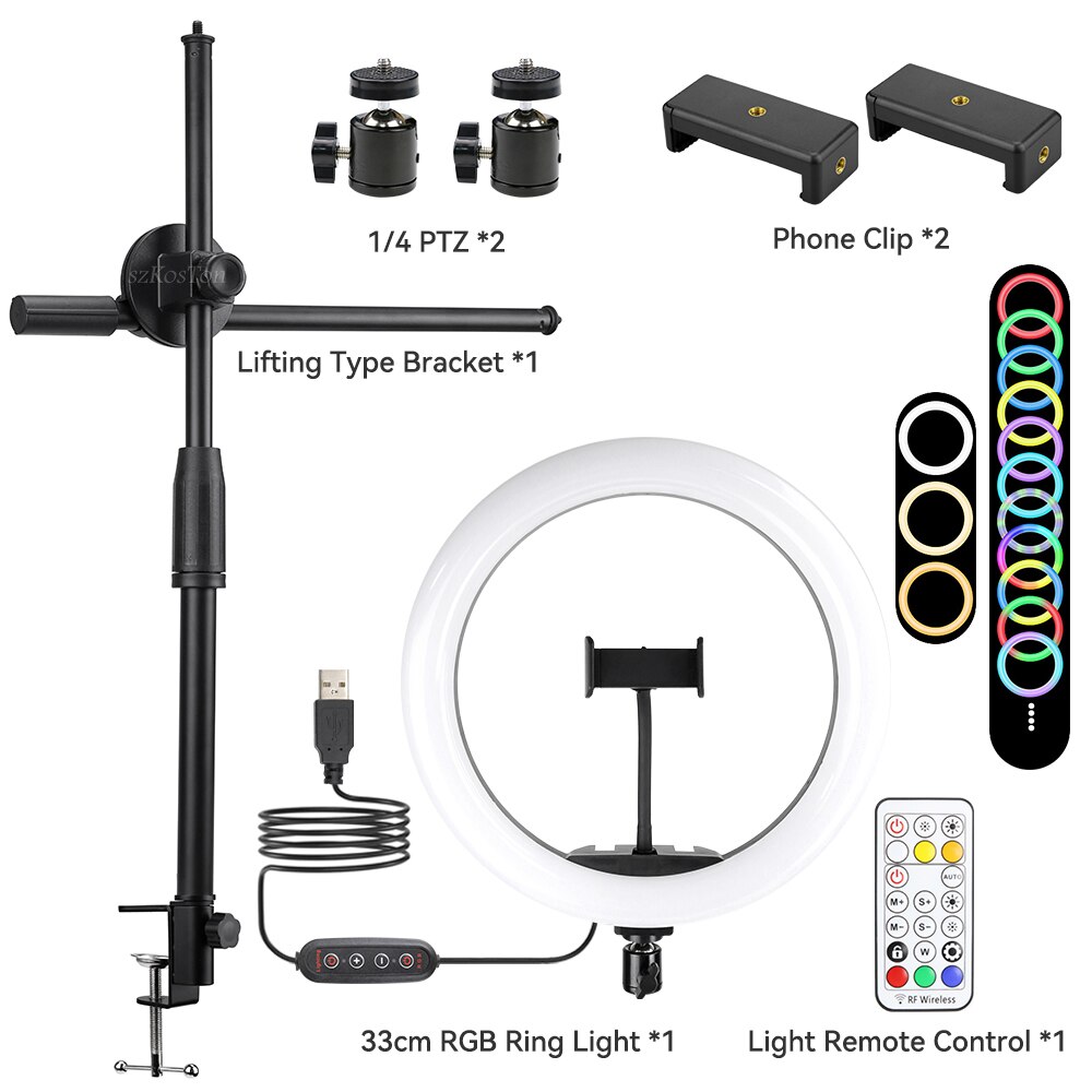 Multifunction Lift Desk Clamp Mount Stand LED Ring Light DSLR Camera Mobile Phone Table Bracket Overhead Shooting Video Studio: type4