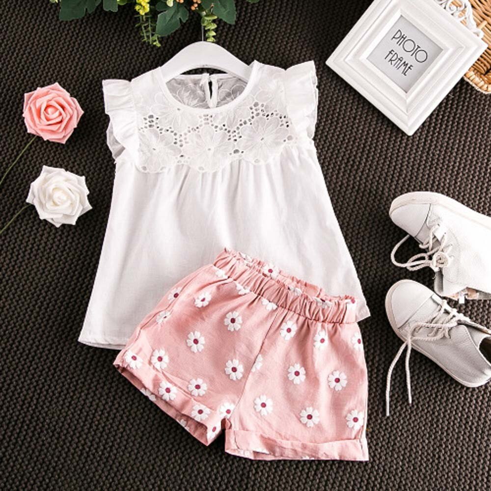 TELOTUNY abbigliamento Per Bambini Bambino Del Bambino Dei Bambini Del Bambino Vestiti Delle Ragazze Sveglio Del Merletto di Stampa T-Shirt Maglia Magliette E Camicette + Shorts Pantaloni 2PCS abiti Set Giugno