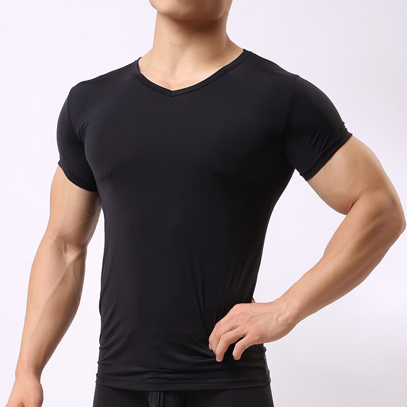 Sexy Ultra-thin Sheer Man Fitness Polyester Undershirts Gay Ice Silk V-neck Transparent Shirts Size S M L XL
