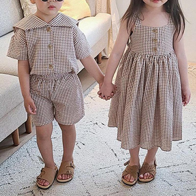 Brother Sister Clothes Set College Plaid Girls Suspenders Long Skirt Boys Two Piece Plaid Suit Summer Sailor Collar Boy's Suit