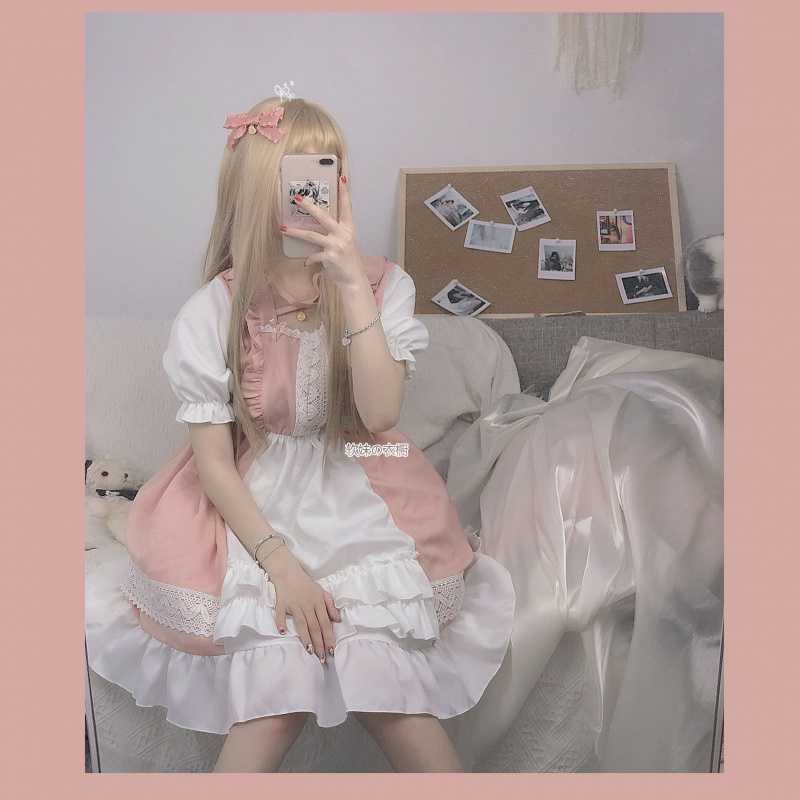 Vestido de mucama Kawaii Lolita, ropa gótica rosa para de cumpleaños, manga abombada, Harajuku japonés, con volantes y cordones, suave