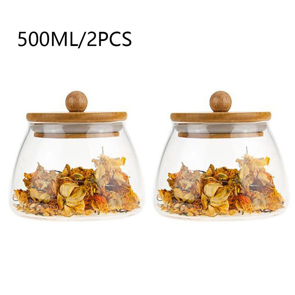 Glass Airtight Containers For Food Kitchen Flour Container Jars With Bamboo Wooden Lids: 2pcs 500ml