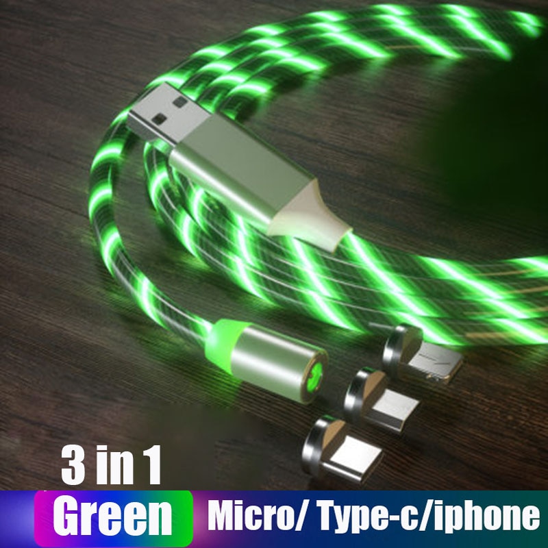 Lasaie Bunte Fließende Licht LED Magnetische Kabel Mikro USB Typ C Kabel Schnelle Ladung Magnetische Ladegerät Kabel für iPhone Xiaomi: Grün 3 in 1 / 2m