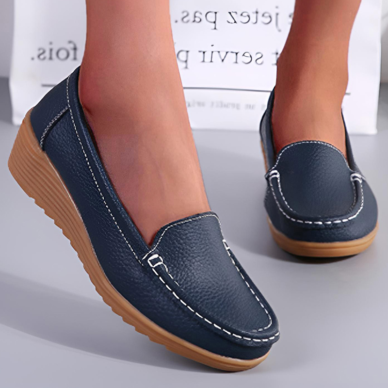 Zapatos de cuero para mujer, mocasines blancos y negros con tacones, mocasines informales para mujer, zapatos planos sin cordones, calzado de verano: Azul lago / 35