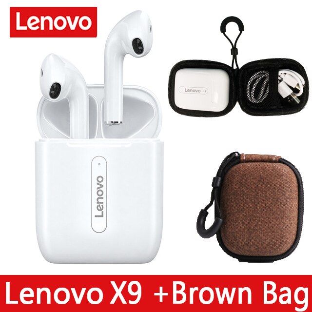 Lenovo X9 True Wireless bluetooth 5.0 Earphone Touch Control Dynamic HIFI Stereo Earbuds Handsfree Sport Headset 300mAh: White ad Brown Bag