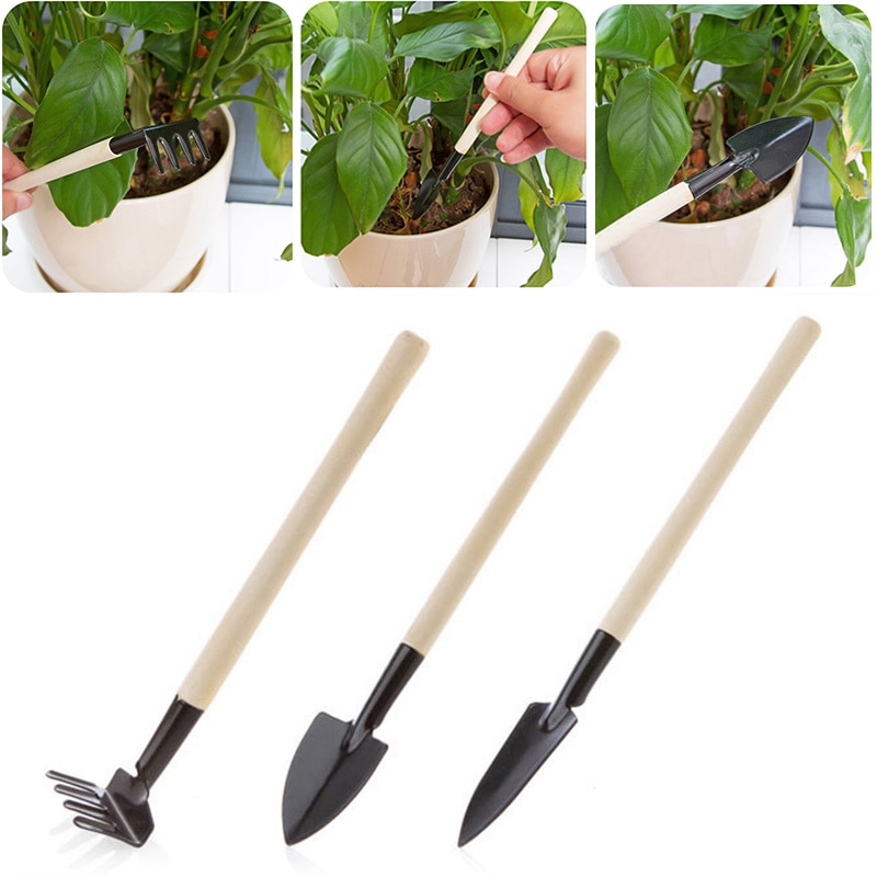 Metal Head Shovel Gardening Tools Mini Metal Garden Handle Shovel Rake Set Weeding Tool Bonsai Flowers Pot Tool Set 3PC