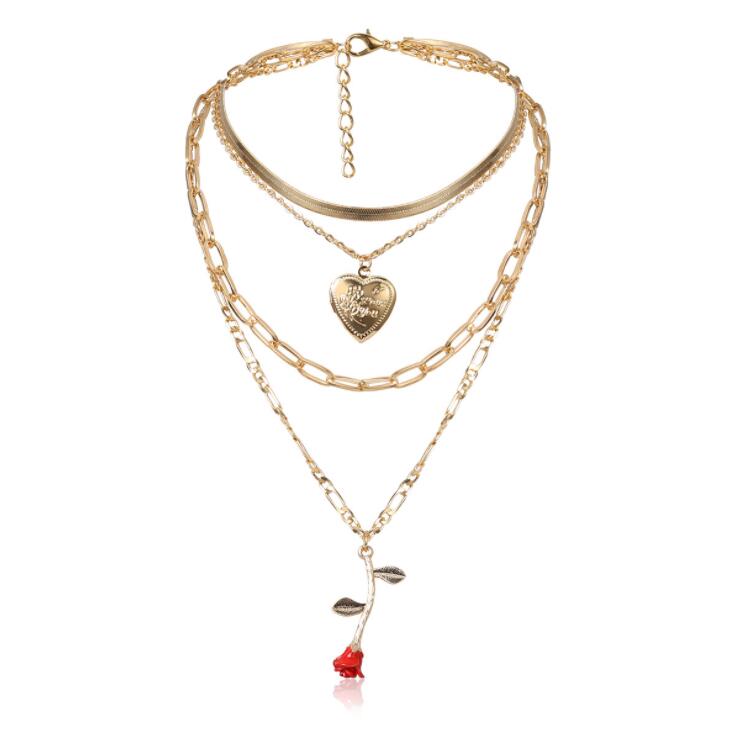 Boho vermelho rosa flor pingente colar multi-camada geométrico coração necklac clavícula corrente jóias para mulher