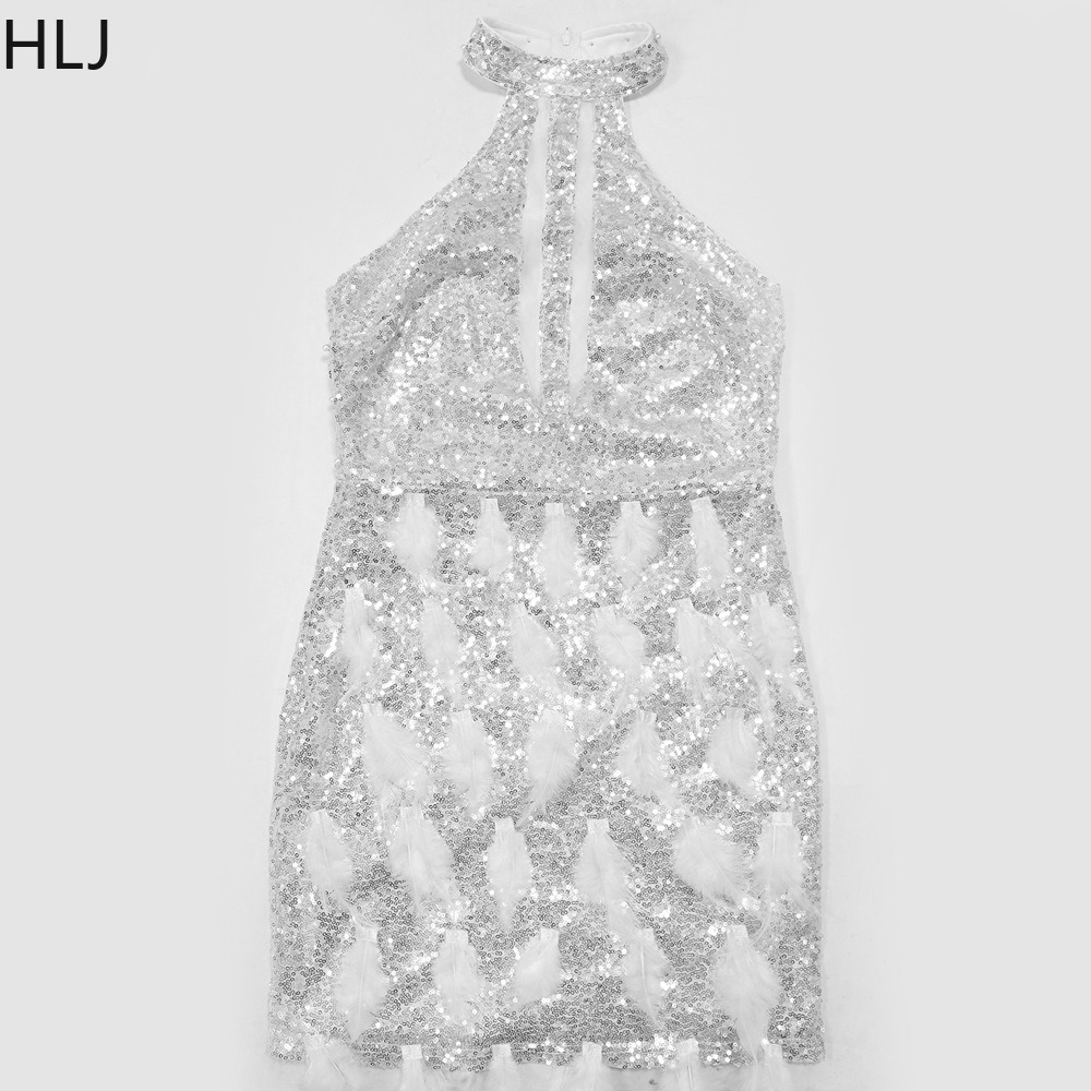 Hlj sexet mesh splicing pailletter fjer bodycon festklubkjole kvinder rund hals ærmeløs slank vestidos kvindeligt aftentøj