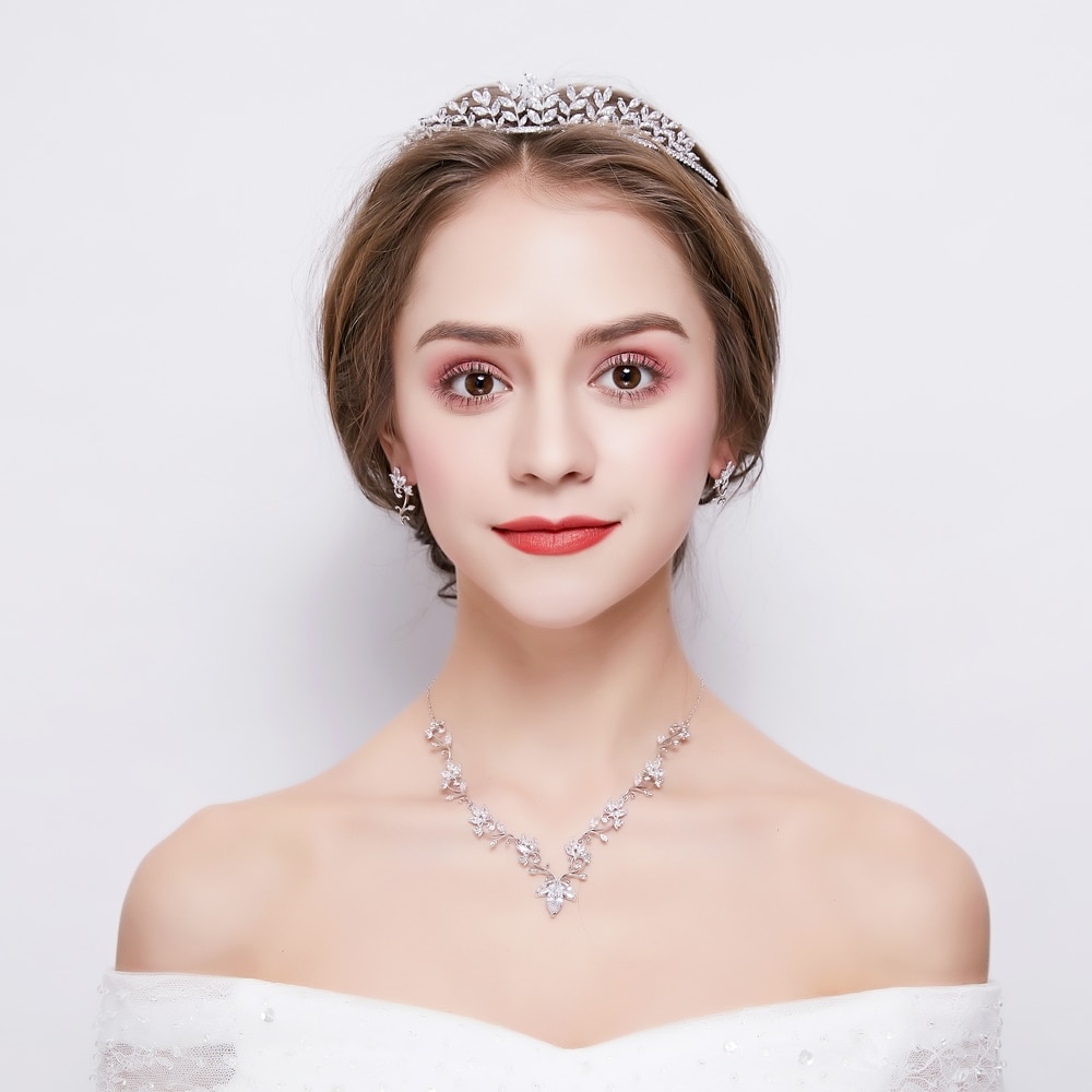 3 Stck Zirkonia Schmuck einstellen Marquise schneiden Zirkon Anlage Prinzessin Hochzeit Tiara Krone Frauen Halsketten Ohrringe