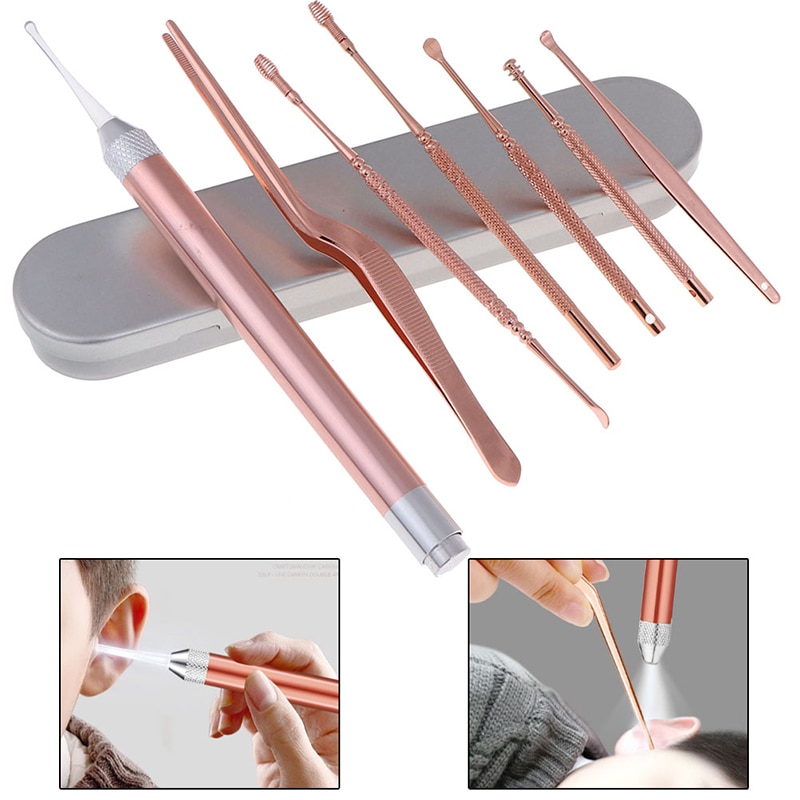 7 Stks/set Led Oor Wax Pickers Rvs Earpick Wax Remover Oor Pick Schoner Oor Schoner Lepel Zorg Oor Schoon tool