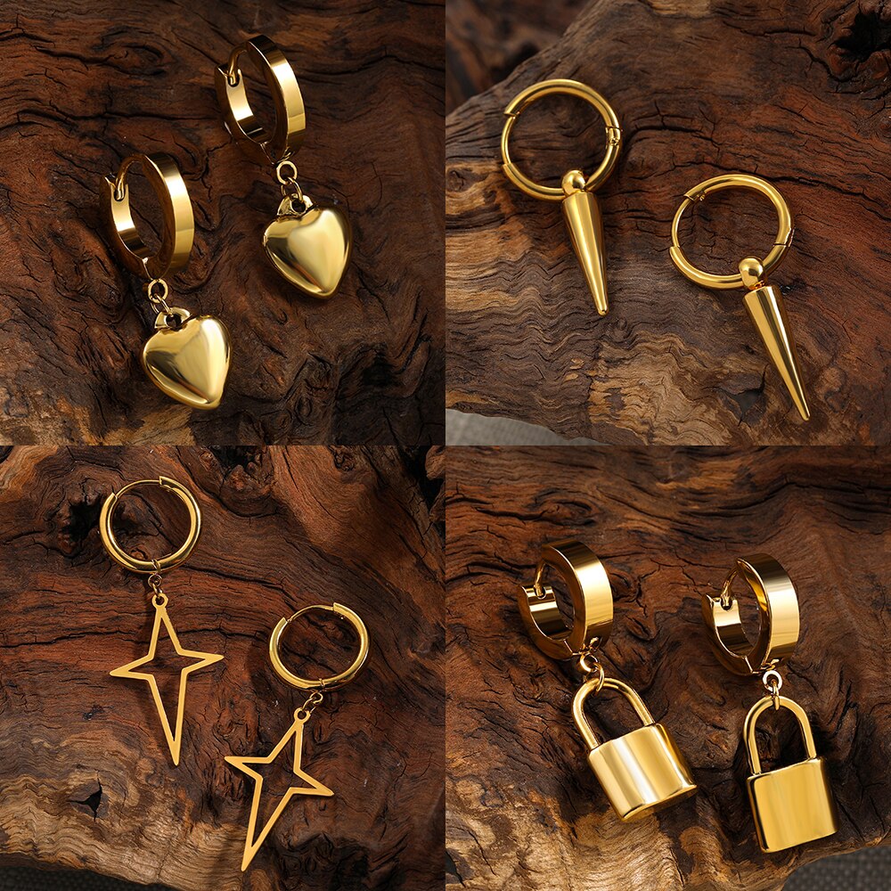 Punk rock longo rebite oco cruz brincos para homem mulher aço inoxidável banhado a ouro huggie hoop brincos moda jóias