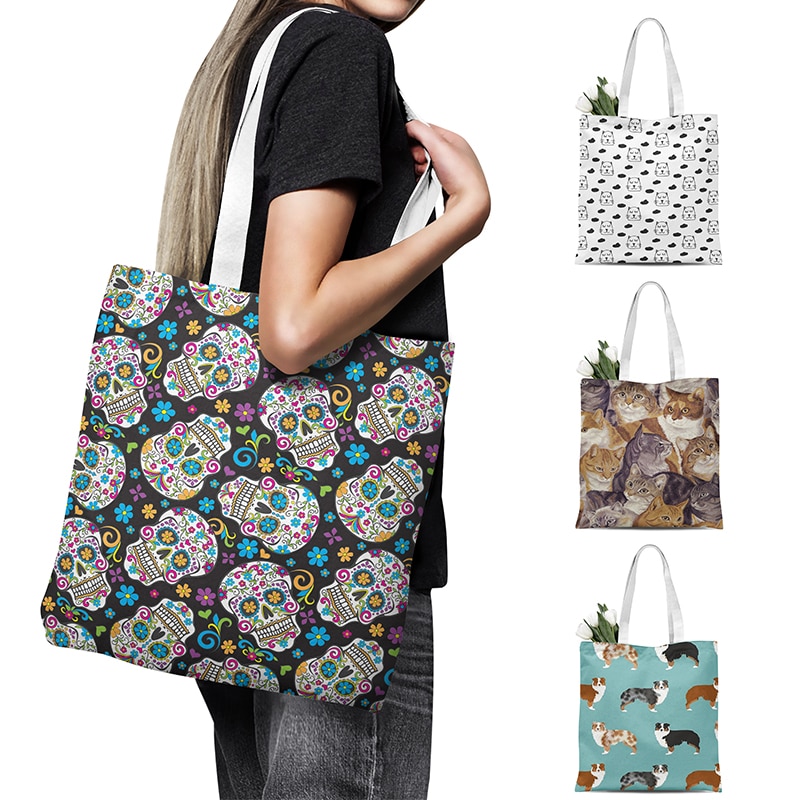 Mode Vrouwen Canvas Handtas Dier Schattig Meisje Boodschappentas Schedel Leuke Casual Schoudertas Grote Capaciteit Tote Bag Herbruikbare Tas