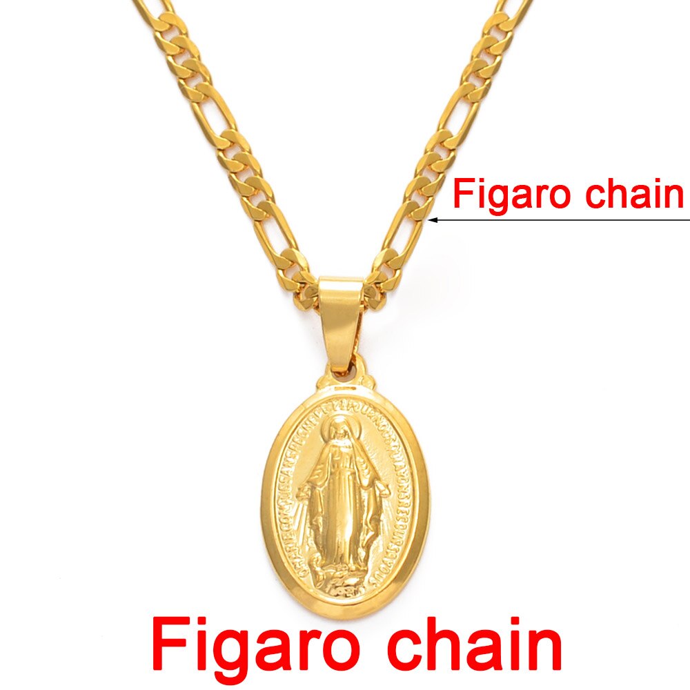 Anniyo, collares de cuerda con colgante de la Virgen María, Color dorado para hombres y mujeres, joyería para mujer, , cadena de de collar cruzado #230406: With Figaro chain / 60cm or 23.6 inches