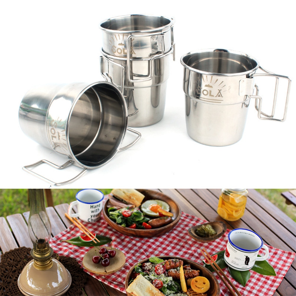 4 Pz/impostato Portatile Tazza di Caffè Manico Pieghevole barbecue tutto'aperto Arrampicata picnic Escursionismo Campeggio Tazza Articoli E Attrezzature per Acqua, Caffè, Tè di Birra in Acciaio Inox
