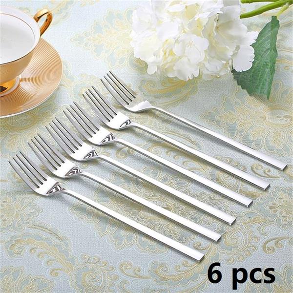 6pcs 8.5''Stainless Steel Dinner Fork Salad Dessert Fruit Forks Cutlery Four Tine Flatware set Korean Long Handle Table Fork set: A 6 pcs