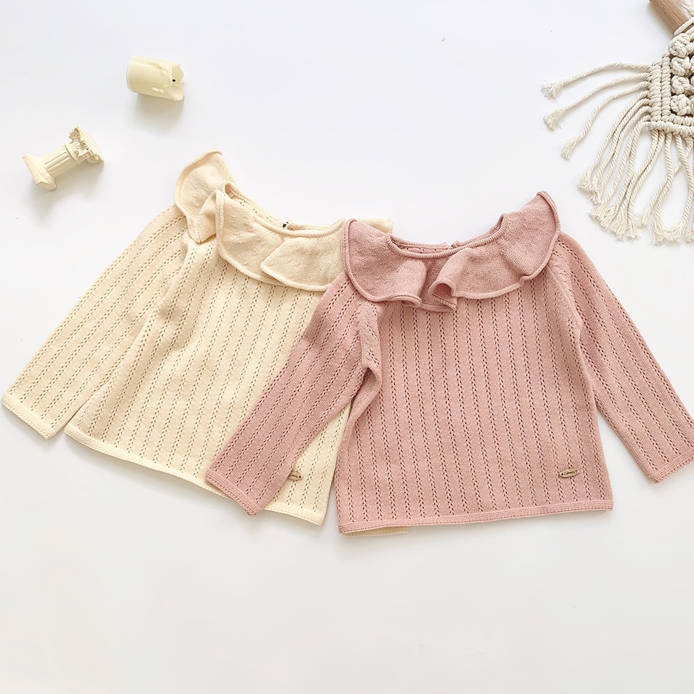 Børn strik tynd sweater prinsesse srping efterår toddler pige smukke flæser sweater beige pink pige langærmet top mærke