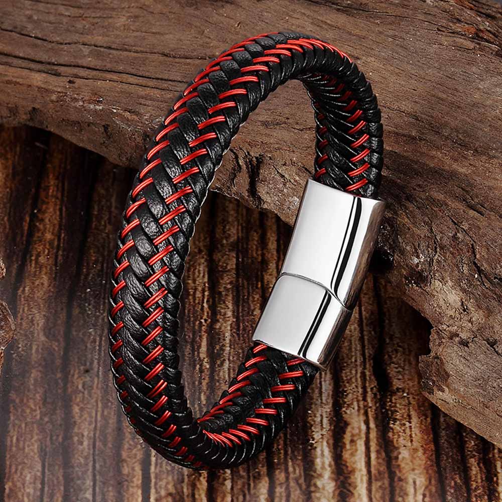 Trendy herre smykker rødt flettet læder reb armbånd sort magnetisk spænde armbånd punk armbånd herre
