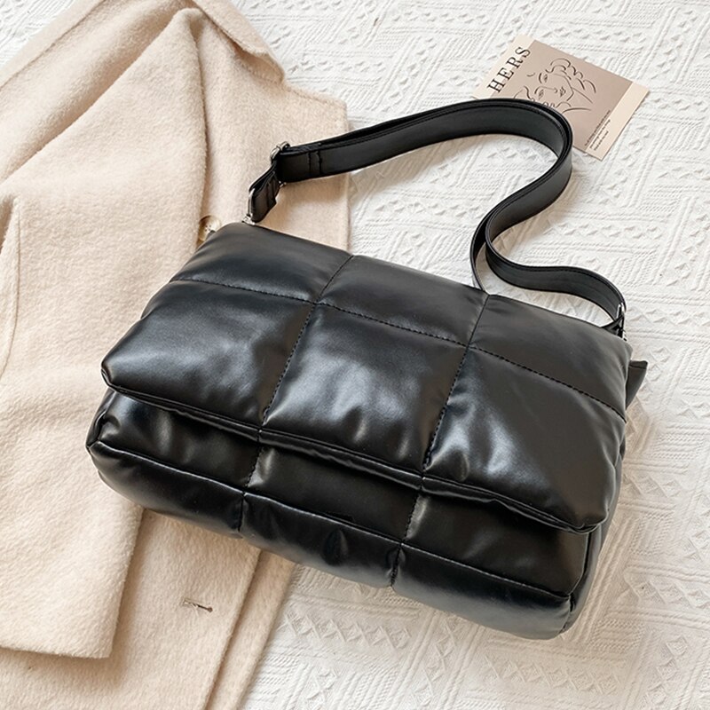 Weave Vrouwen Gewatteerde Crossbody Tassen Zachte Pluizige Space Pad Katoenen Schoudertas Winter Vrouwelijke Shopper Bag Nylon Gevoerde Tas: Black