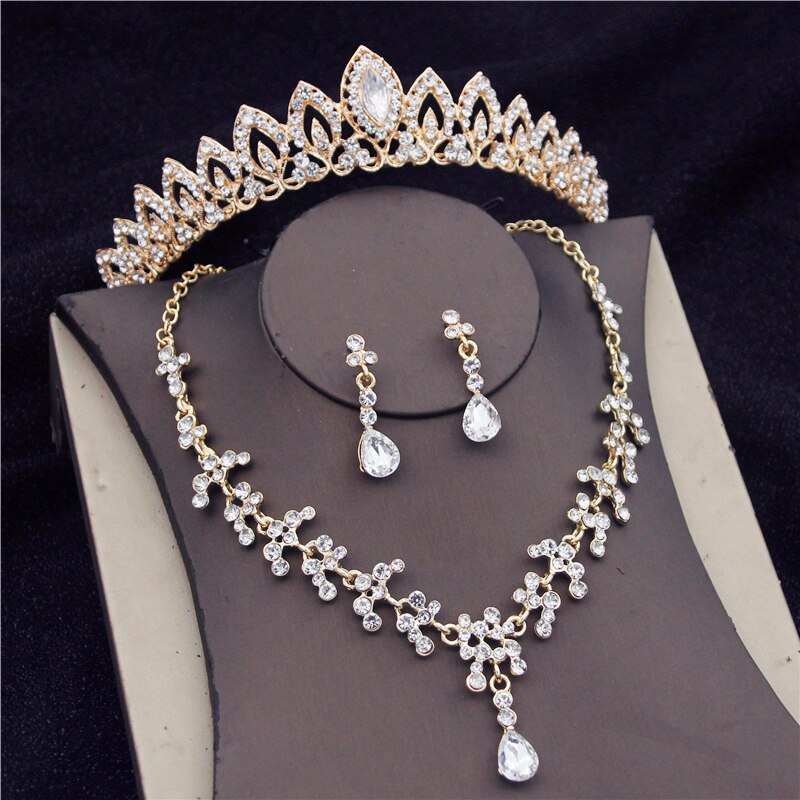 Prachtige Crystal Bridal Sieraden Sets Rhinestone Crown Tiara Ketting Oorbellen Set Voor Bruid Afrikaanse Bruiloft Sieraden Sets: Gold Crown Sets