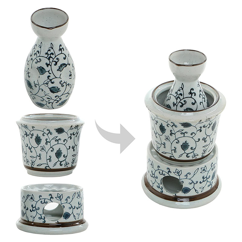 7 Stuk Blue Floral Witte Keramische Japanse Sake Set Met Warmer, 4 Cups, karaf &amp; Verwarming Pot