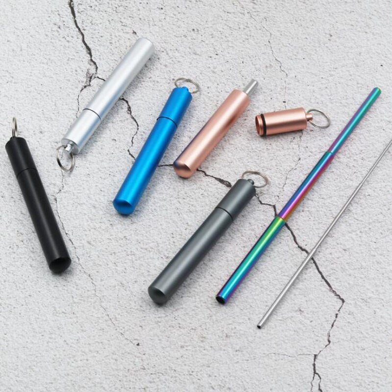 Metal Reusable Collapsible Foldable Straw with Case Keychain Stainless Steel Metallic Portable Telescopic Drinking Straw