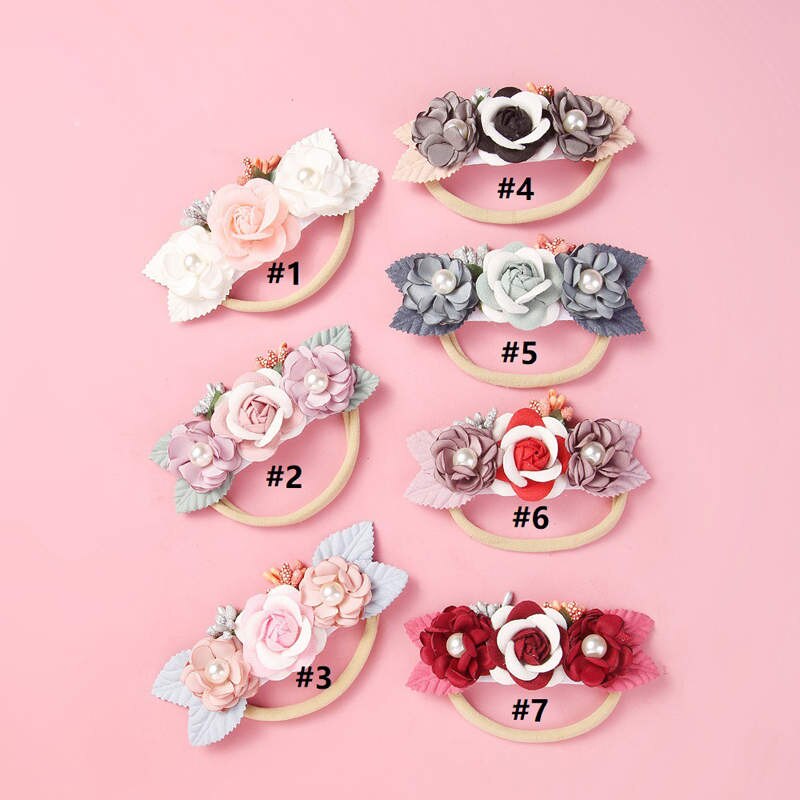 Balleenshiny Children's Headdress Baby Headband Handmade Pearl Stitching Flower Hair Band Seamless Elastic Rubber Hairband