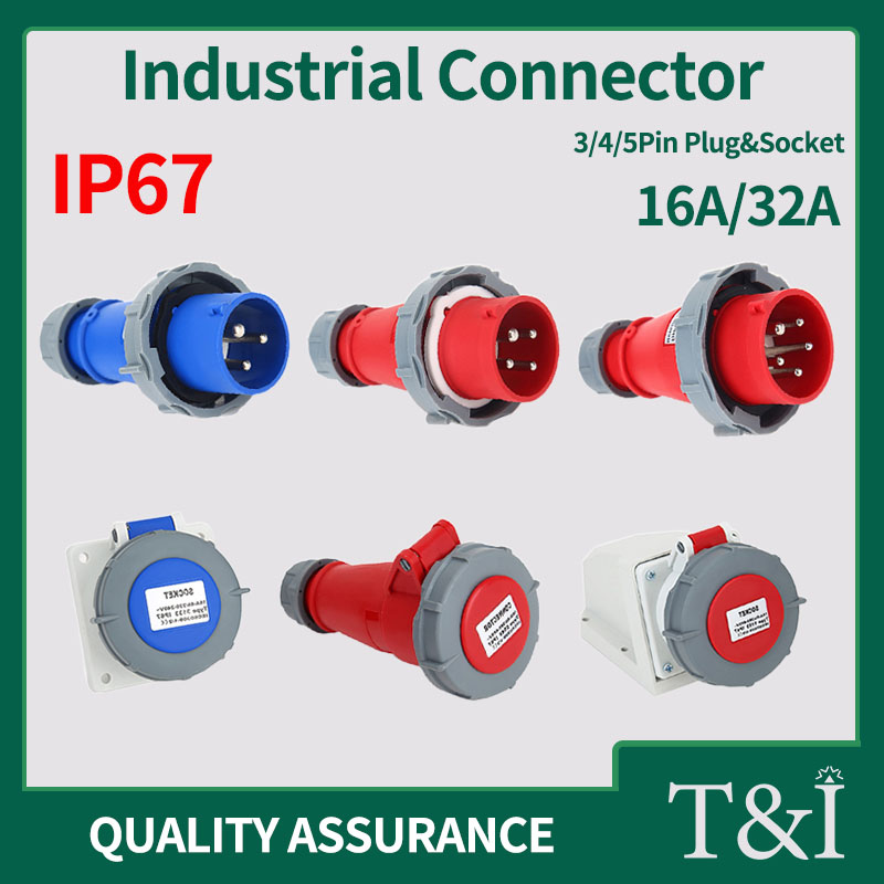 Industrial Connector Set - 16A/32A,Plug&Socket, 3/4/5PIN, IP67 Waterproof and Dustproof, Wall/Panel Mounted Installation.