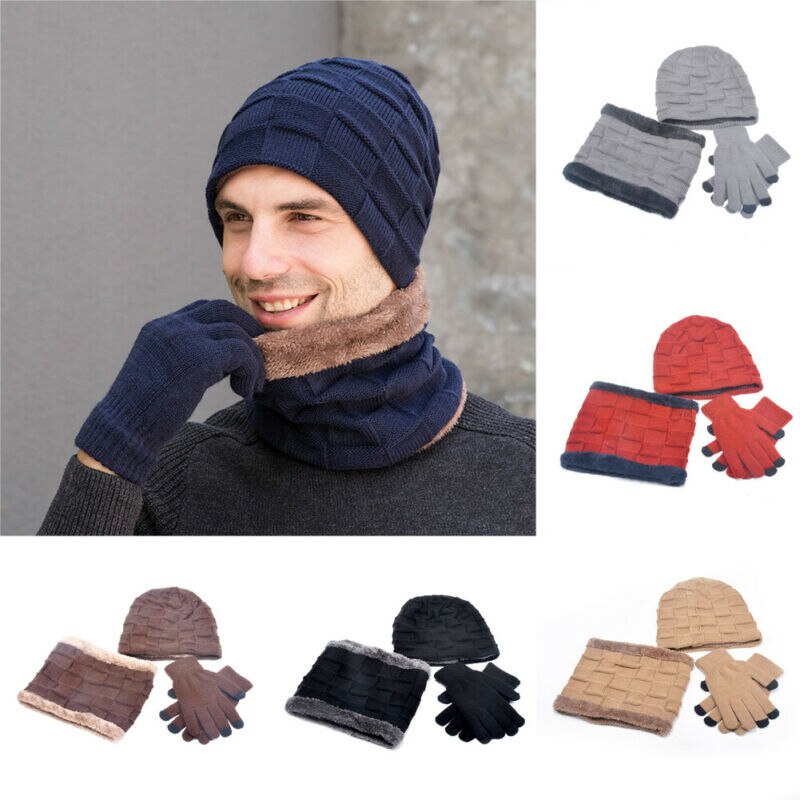 Men Women Winter 3 Piece Set Knit Beanie Hat Scarf Touchscreen Gloves Warm Suit