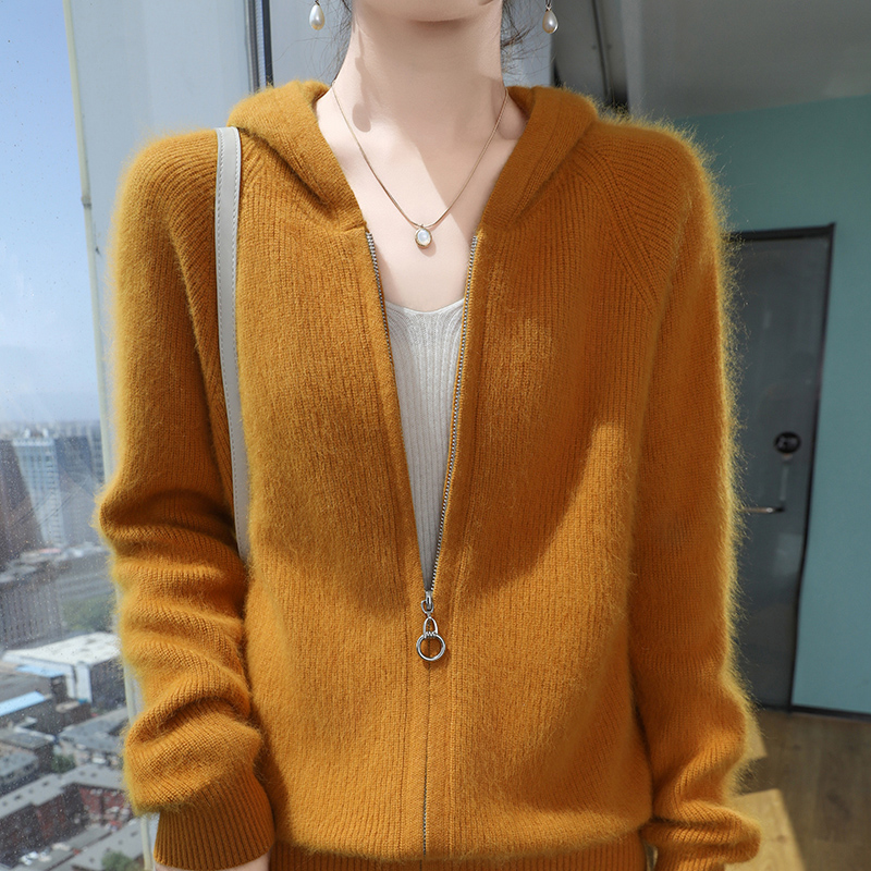 100 % reiner Nerz-Kaschmir-Strickjacke mit Reißverschluss, Damen-Strickmantel mit Kapuze, Kapuzenpullover, lässige, lockere Jacke, Winter, lange Ärmel, verdickte Oberteile: XXXL / Ingwer Gelb