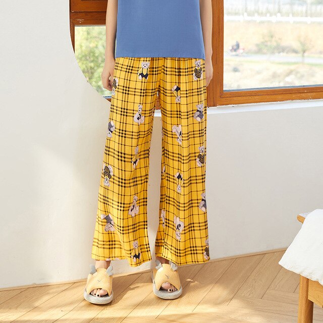 Summer Sleep Wear for Women Pajama Printing Loose Sleep Pants Calf-Length Pants Sleep Bottoms Home Wear: L12