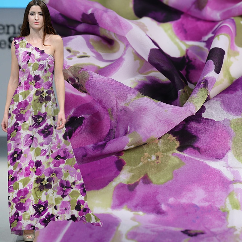 Lilla blomst økologisk silke georgette ggt stof til kvinder kjole nyeste stof