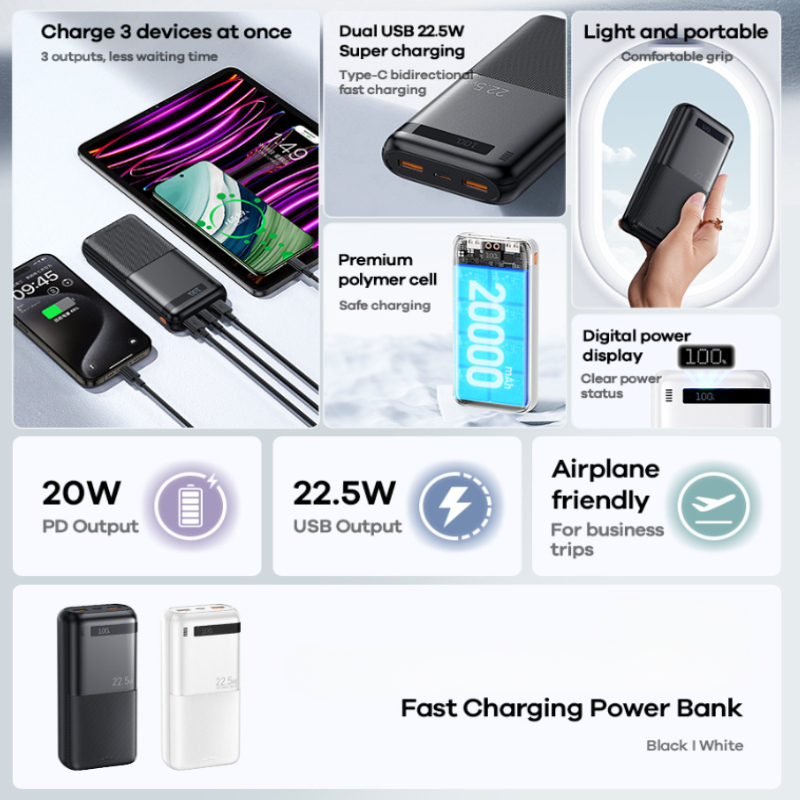 Portable Fast Charging Powerbank Type-C PD20W Qucik Charge Poverbank External Battery Charger 22.5W Power Bank 20000mAh