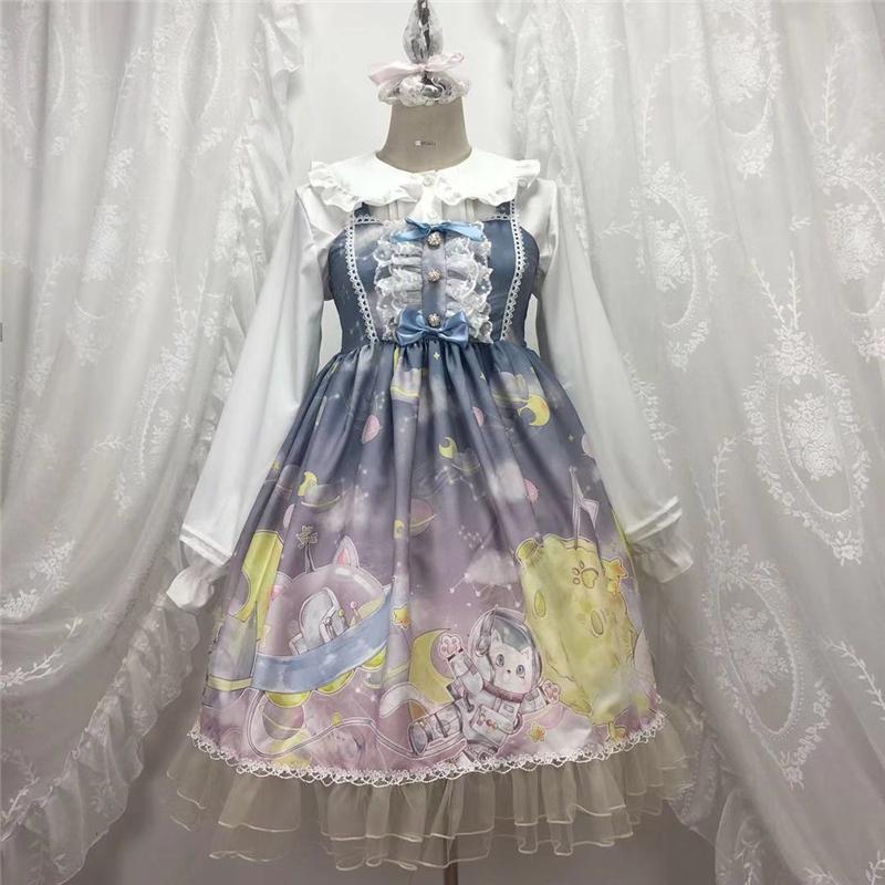 Lolita Kawaii Suspenders Dress Vintage Gothic Jsk Princess Girl Dress Gradient Sky Print High Waist Bowknot Lace Ruffle Sweet: Only JSK Dress 4