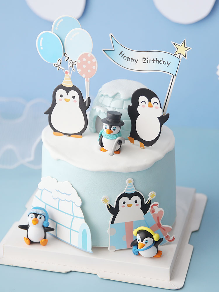 Décoration de gâteau joyeux anniversaire, chapeau de pingouin, flocon de neige, Igloo, Cupcake, cuisson, drapeau de fête, décor de gâteau pour réception pour bébé, de noël