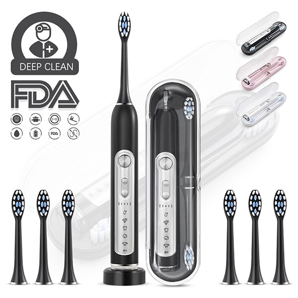 Brosse à dents électrique Sonic pour femme, MUTTUS MTS3800 étui de voyage activer, 6 têtes de brosse, 5 Modes 15 expérience de brossage: Black
