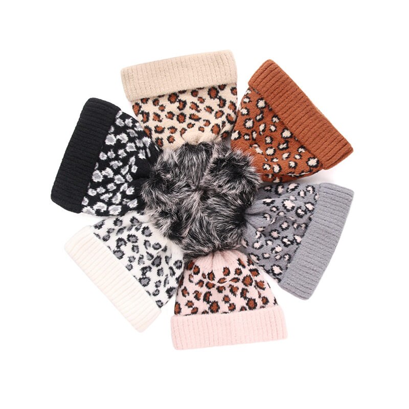 Women’s Winter Knit Hat Cap Adults Winter Warm Classic Leopard Print Beanie Cap with Big Faux Fur Pom Ladies Knitted Bomber Hats