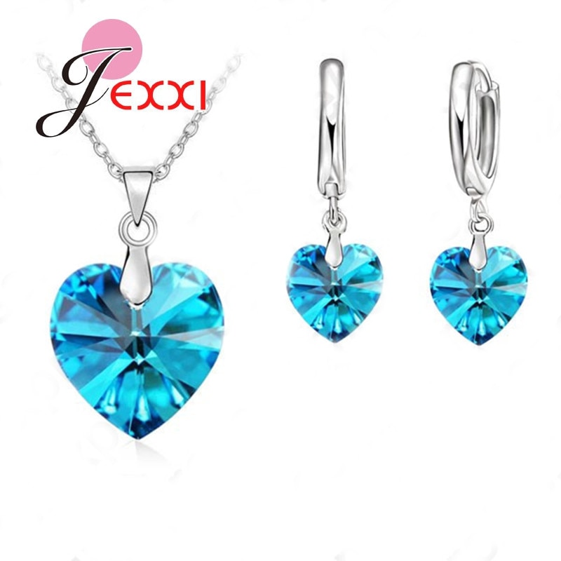 Romantische 925 Sterling Zilver Blauw Kubieke Zirkoon Hart Vorm Hanger Vrouwen Bruiloft Sieraden Sets