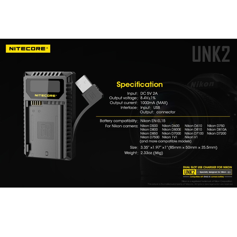 Nitecore UNK2 Dual USB Charger For Nikon EN-EL15 Battery D500 D600 D610 D750 D800 D800E D810 D810A V1 1V1 D850 D7000 D7100