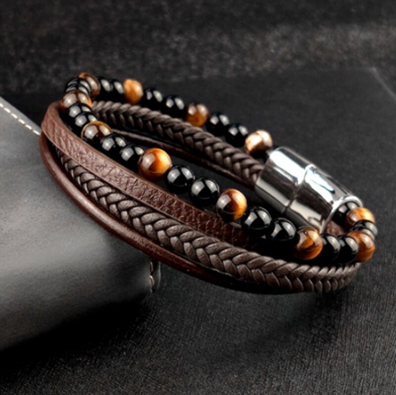 natural stone beads hand-woven leather bracelet for men and women retro punk jewelry: silver