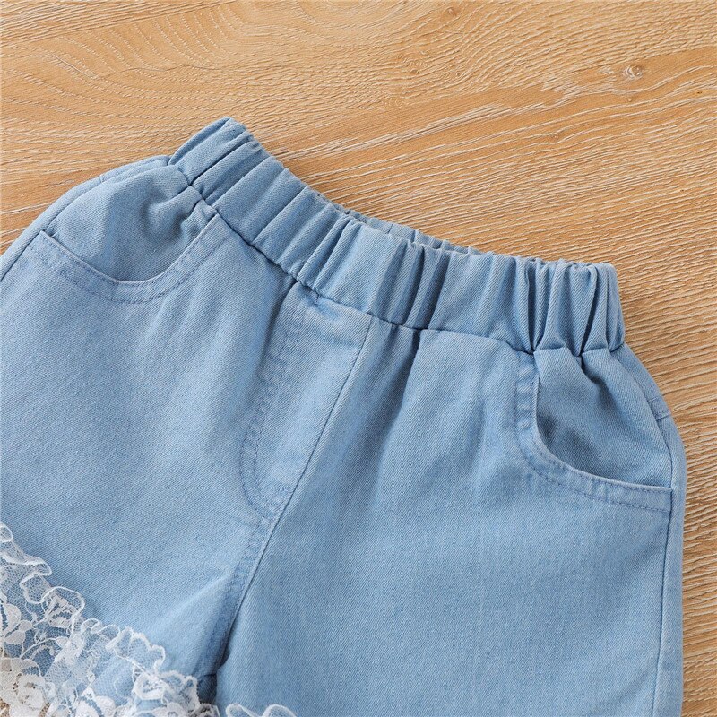 2 stück freundlicher Anzug einstellen, Blume drucken V-ausschnitt Kurzarm Spitzen + Spitze trimmen Denim kurze Hose für Mädchen, 1-6 jahre