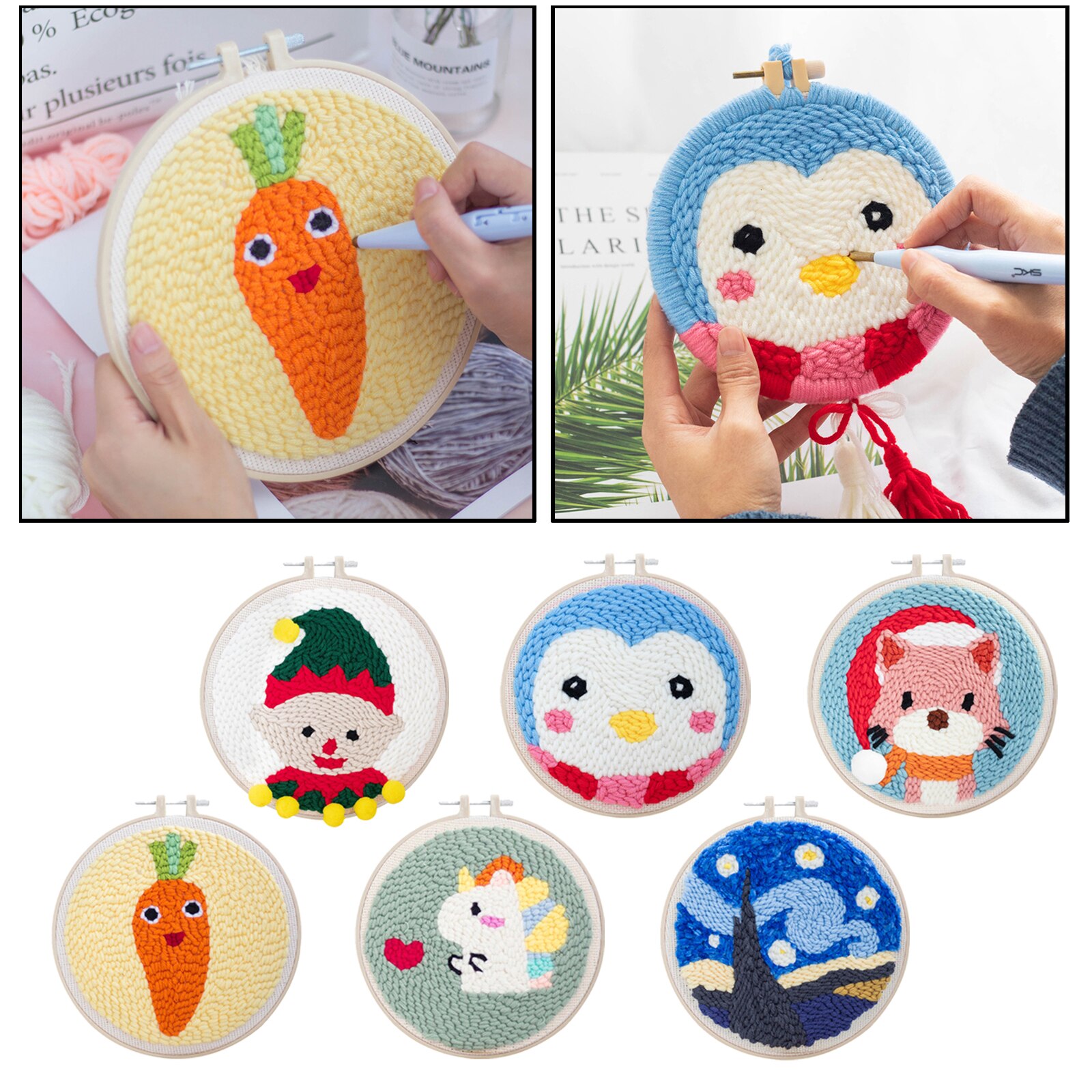 Punch Needle Embroidery Kit with Basic Tools Hand Craft Cartoon Pattern 20cm