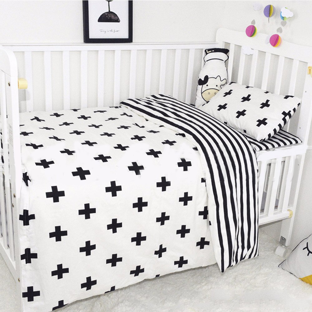 3 st baby sängkläder set bomull spjälsäng barnsäng överkast vit randigt mönster barnsäng inklusive påslakan örngott lakan: Pj3680d