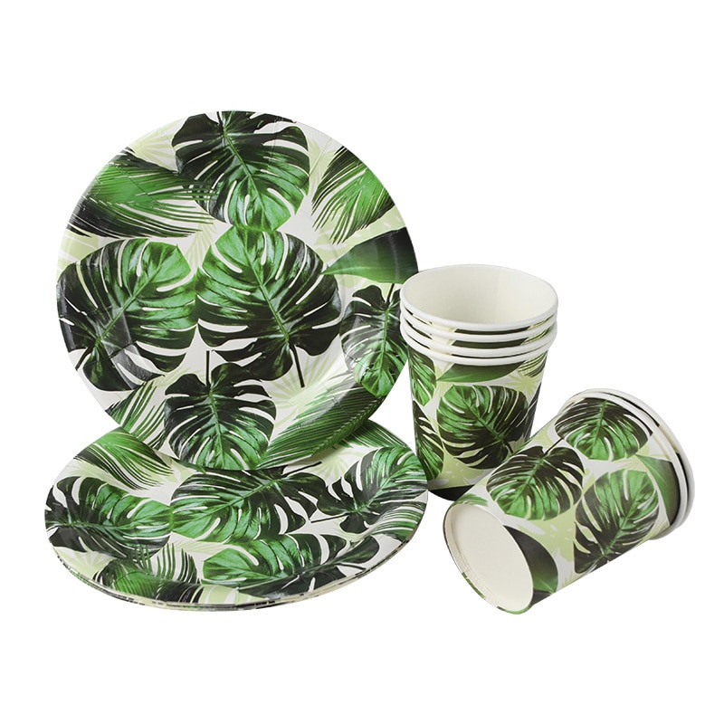 61 stk sommer engangsservise sæt grønne monstera papir tallerkener kopper servietter tropisk hawaii bryllupsfest dekoration supplie