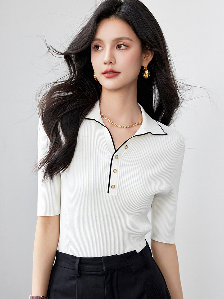 Striktrøje dame korte ærmer smalle revers toppe kontrast strik top dame skinny ribbet pullover: S