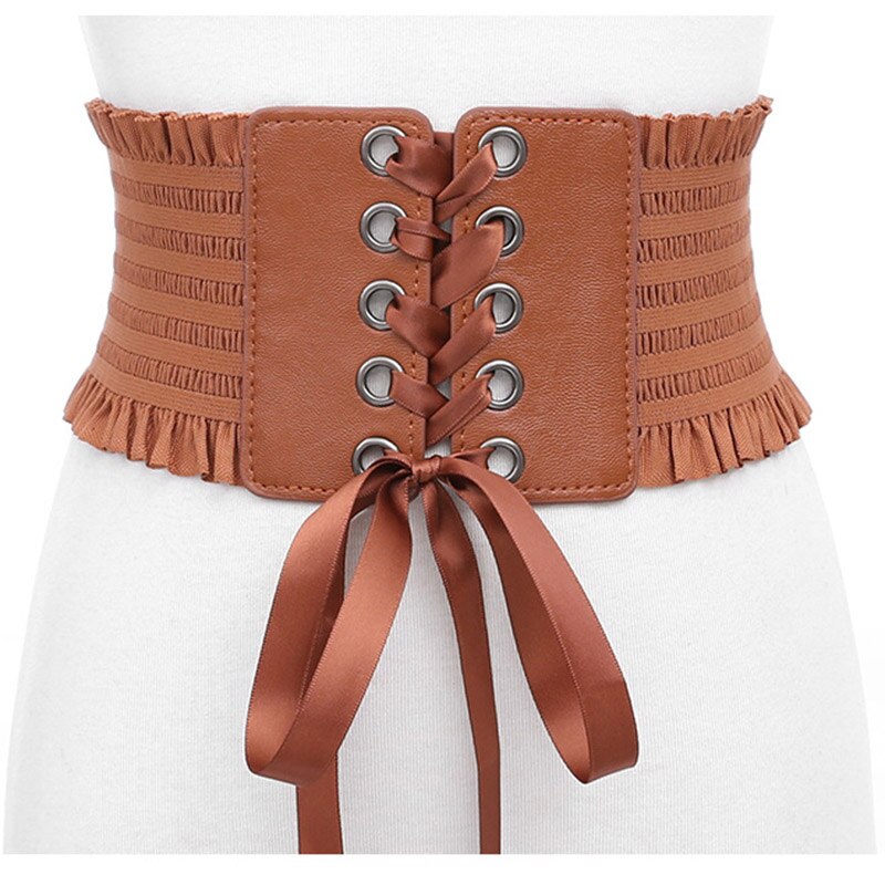 Cinturón ancho de cuero PU suave para mujer, corsé de encaje blanco y negro, cinturón femenino para vestido de boda: brown style 1