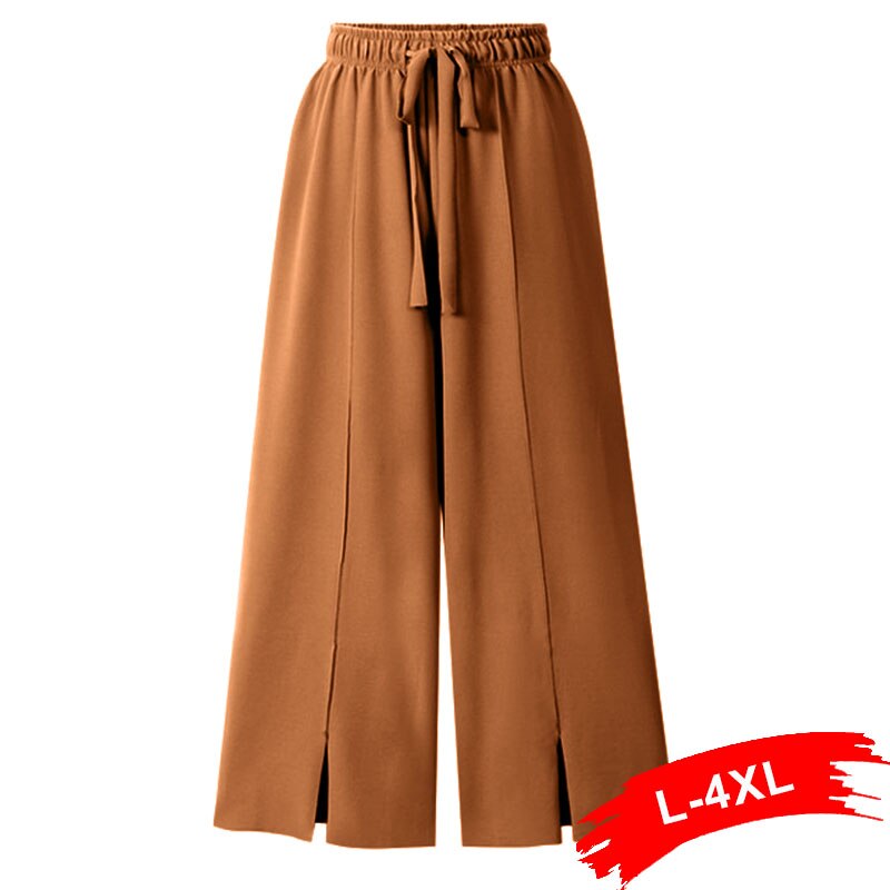 Plus Size Wide Leg Coffee Casual Pants 3Xl 4Xl Summer Ol Elastic Waist Chiffon Trousers Wide-Legged Straight Leisure Pants