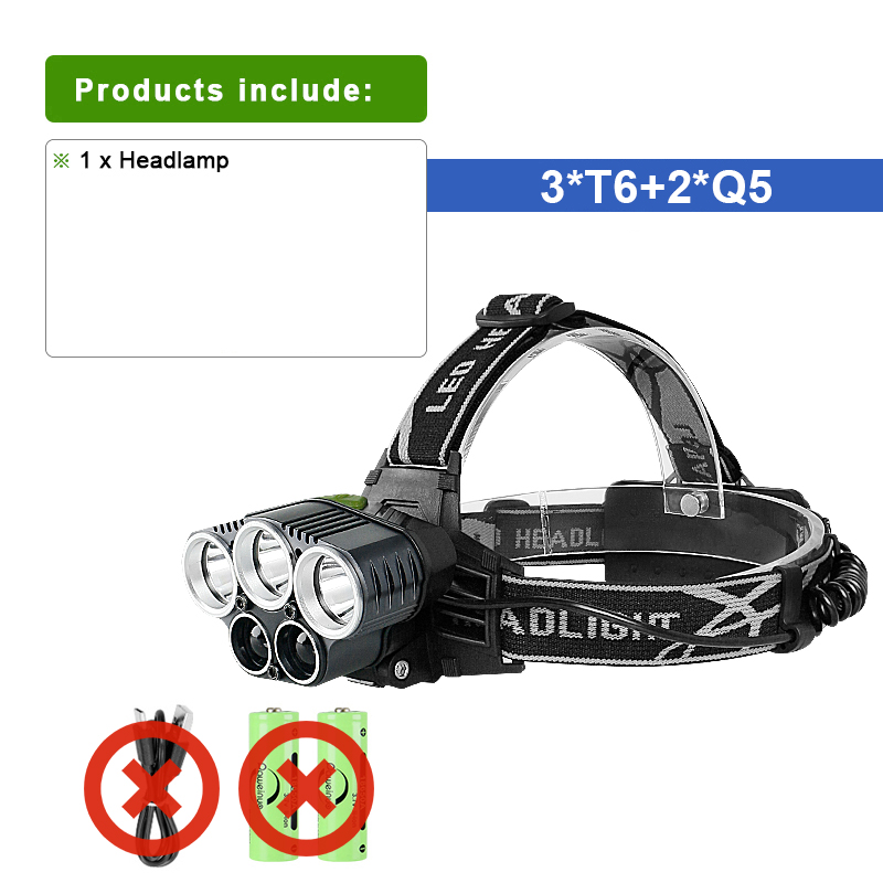 5 Lights Headlights LED Rechargeable Headlamp Ultra Power Head Flahslight Outdoor Waterproof Head Lamp 18650 Battery Head Lights: Blue