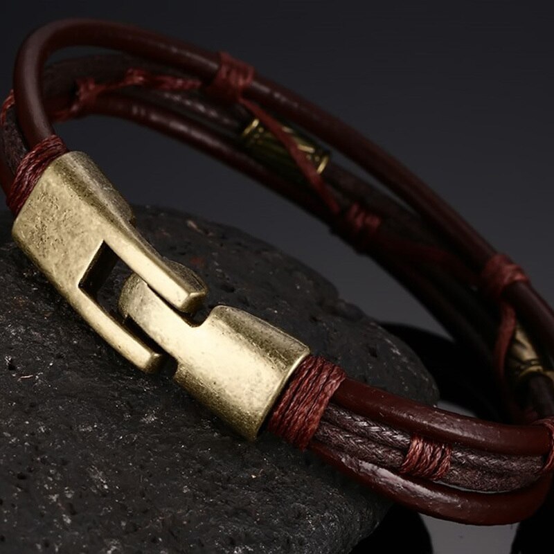 Bracelet en cuir multicouches pour hommes, avec breloque en laiton, corde et chaîne, Bracelet Tribal, bijoux masculins bruns, 8.6 pouces