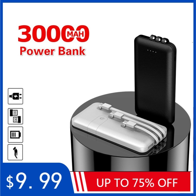 Power Bank 30000mAh Mobile Phone Fast Charger Portable Own Line Outdoor Travel Power Indicator Charger for Smartphones IPhone 8